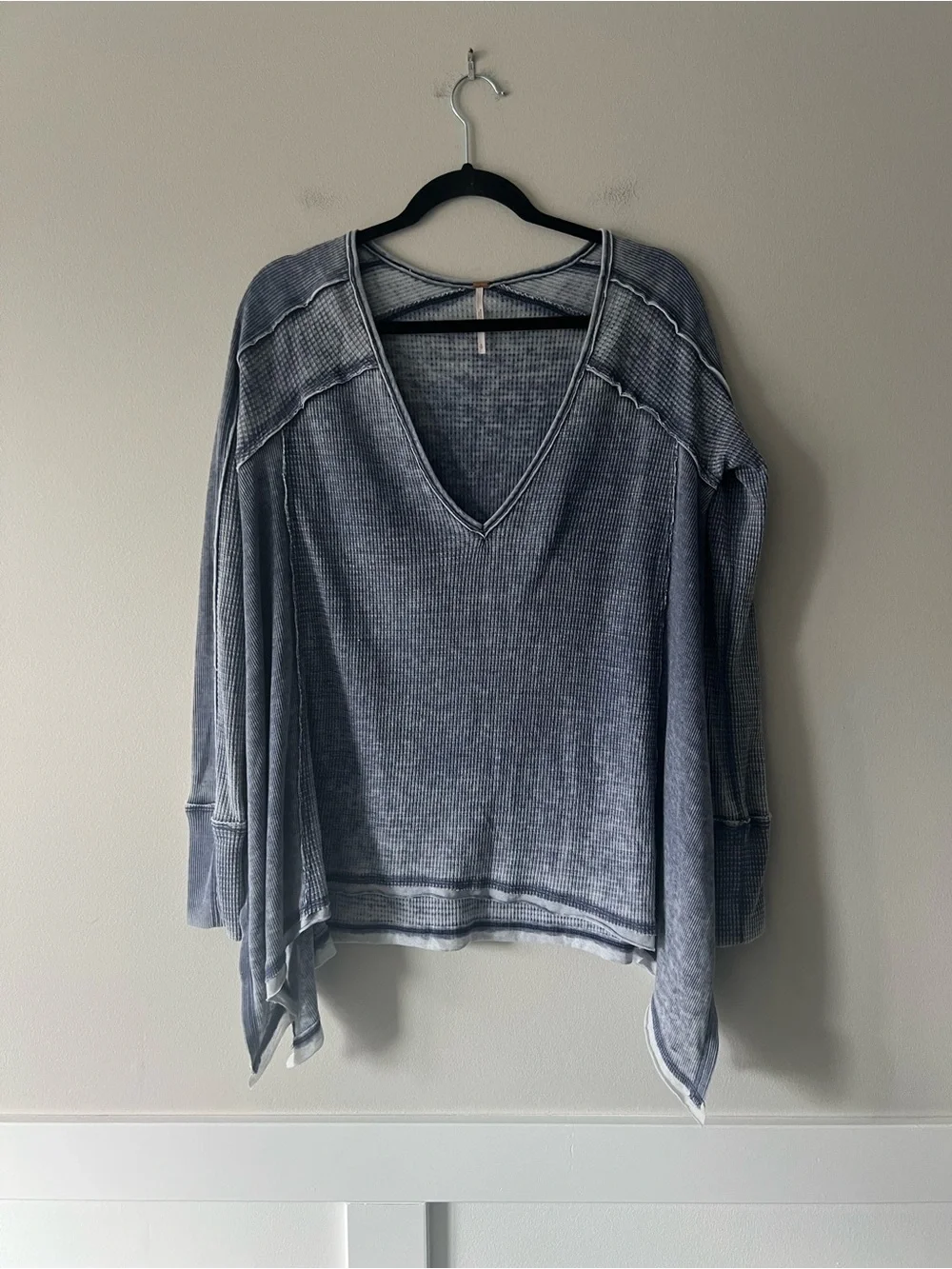 Free People Size Small Blue Washed Thermal Waffle Knit Asymmetrical V Neck Top